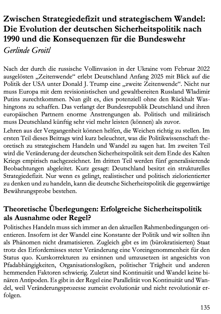 Groitl-Aufsatz Jahrbuch Innere Führung Text mit Informationen zur Entwicklung der deutschen Sicherheitspolitik von 1990 bis 2022.