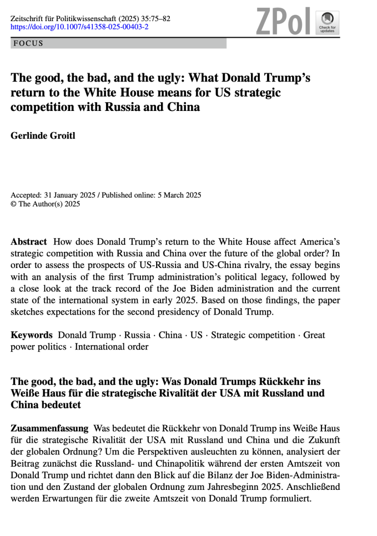 Titelseite Groitl-Aufsatz ZPol 2025 Aufsatz über Donald Trumps Politik und den Wettbewerb der USA mit Russland und China.