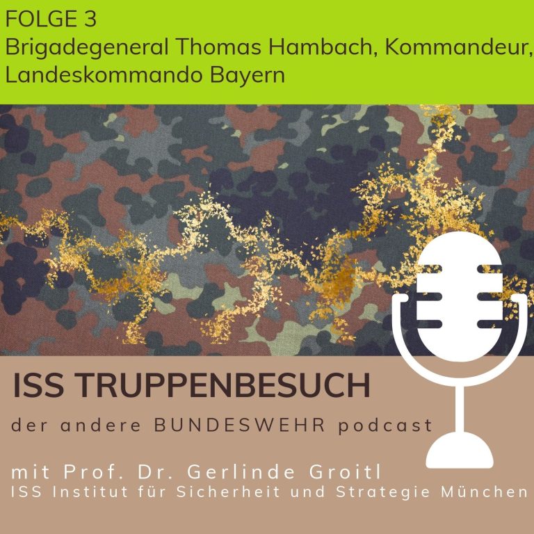 Coverbild für Folge 3 Podcast-Cover mit Mikrofon, Titel "ISS TRUPPENBESUCH", Folgeninfo und Namen des Gastes.